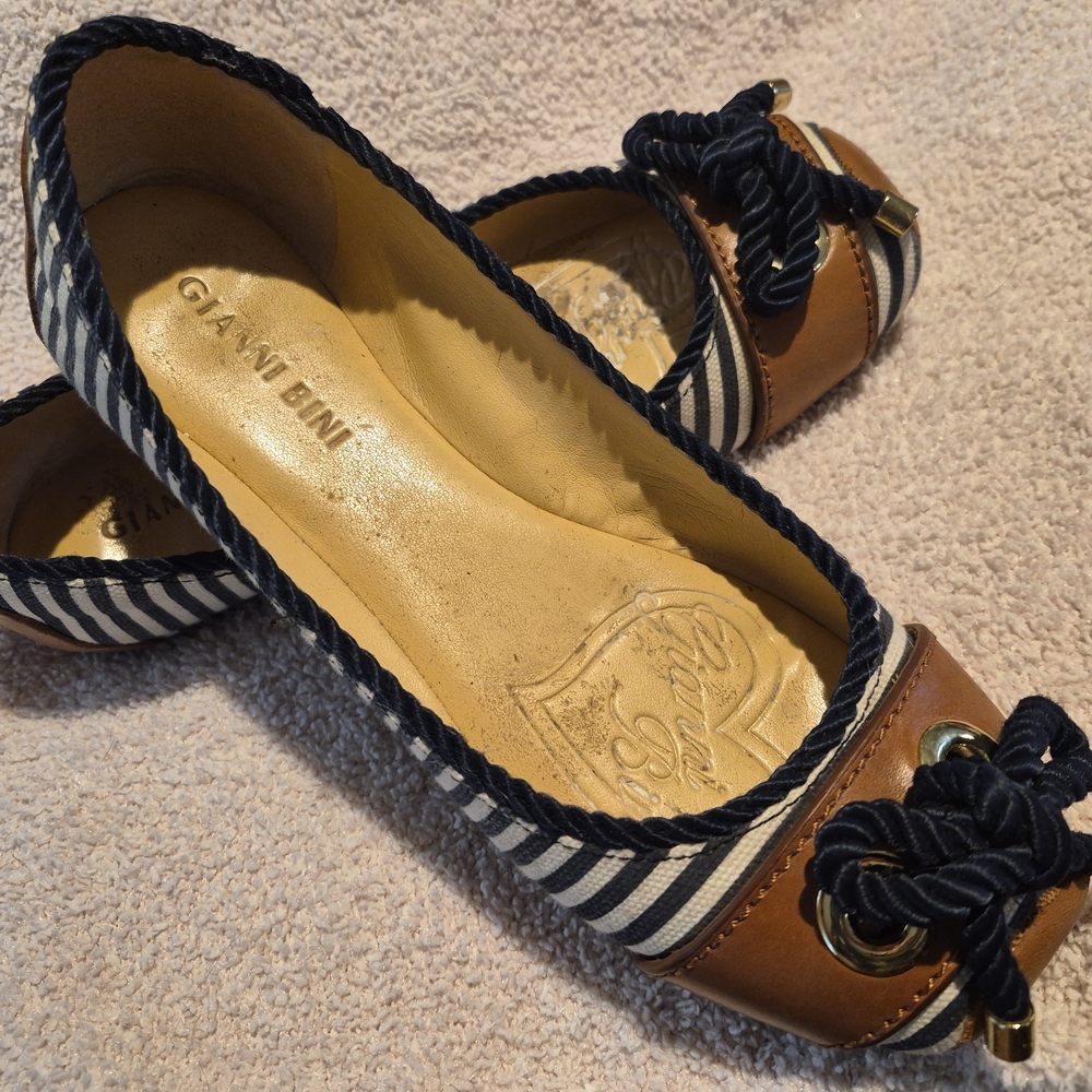 Gianvito Rossi Navy and Brown Striped Flats
